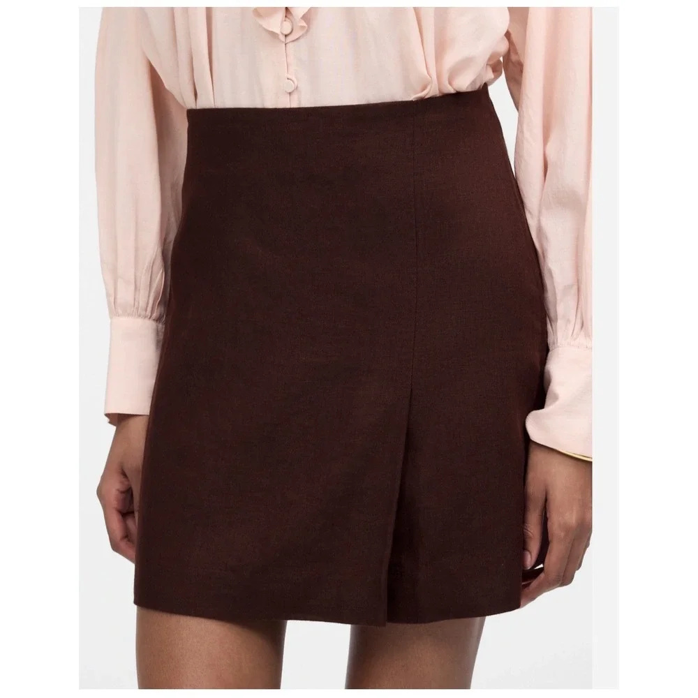 Madewell Pleated Linen Skirt Womens 12 Chocolate Raisin Brown Lined Academia NEW